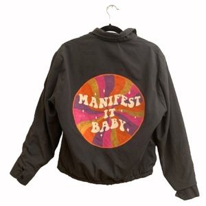 Upcycled Thrifted Bomber Jacket With Hand-Painted “MANIFEST IT BABY” 1970s Font